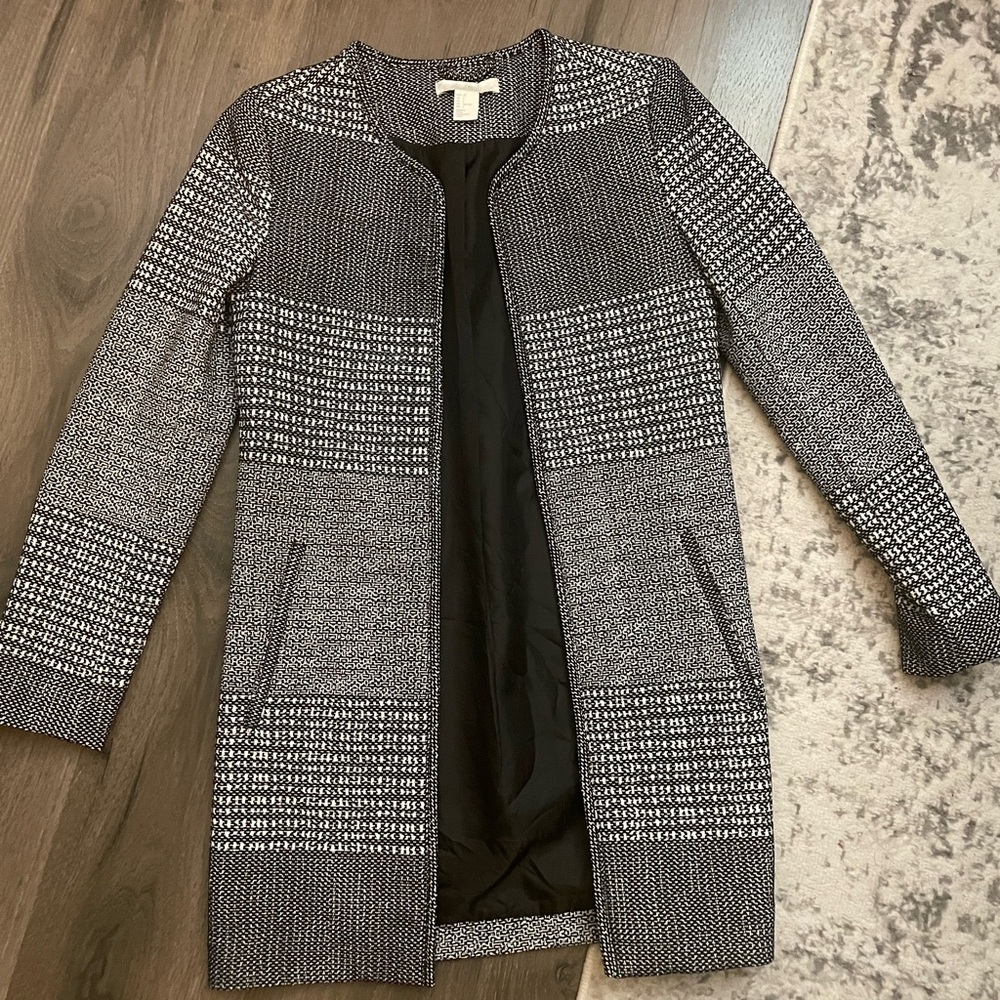 H&M Open Front Long Black & White Tweed Pattern Jacket Blazer W/ Pockets Lined